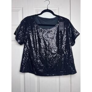 Vijiv Women's Sequin Sparkly Top Short Sleeve Black Size XL